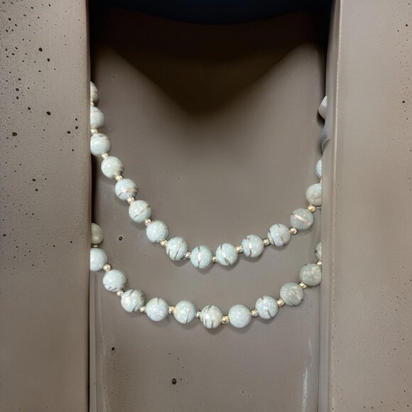 Very Long Double Wrap 1980s Blue and Silver Tiger Striped Beaded Necklace - Picture 2 of 4